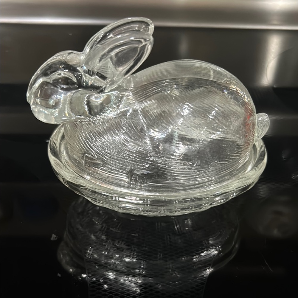 Vintage clear Glass Easter Bunny Rabbit on basket nest lid candy dish